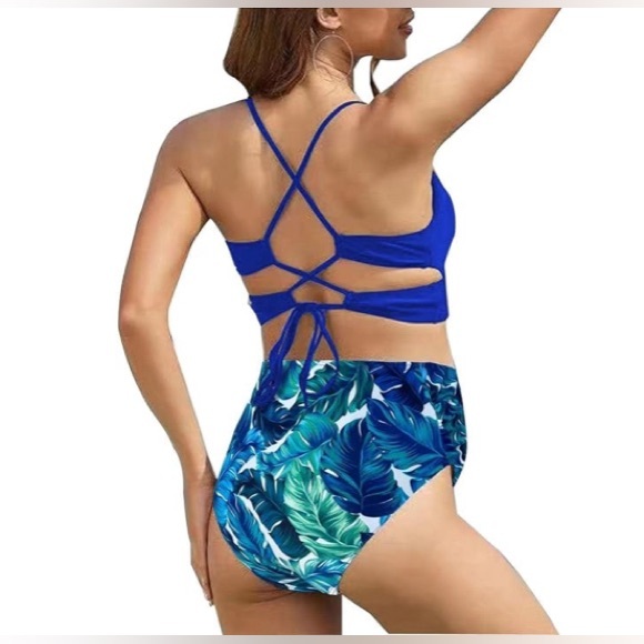 Maternity Two Piece Criss Cross Blue Swimsuit Bikini V Neck Size Small - Picture 4 of 15